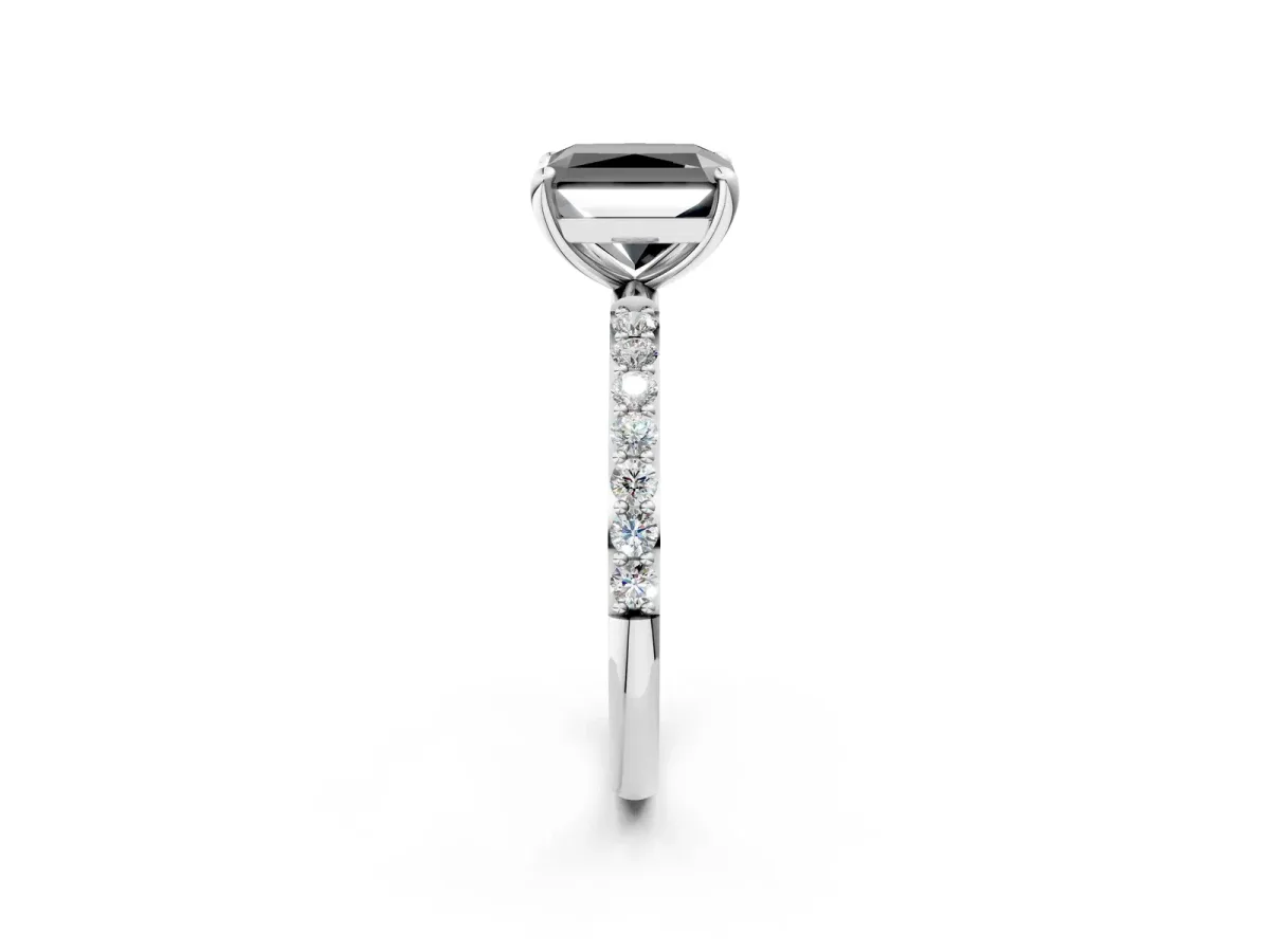 Fancy Black Radiant Cut Diamond Solitaire Ring with Round Pavé Band and Prong Setting Silver