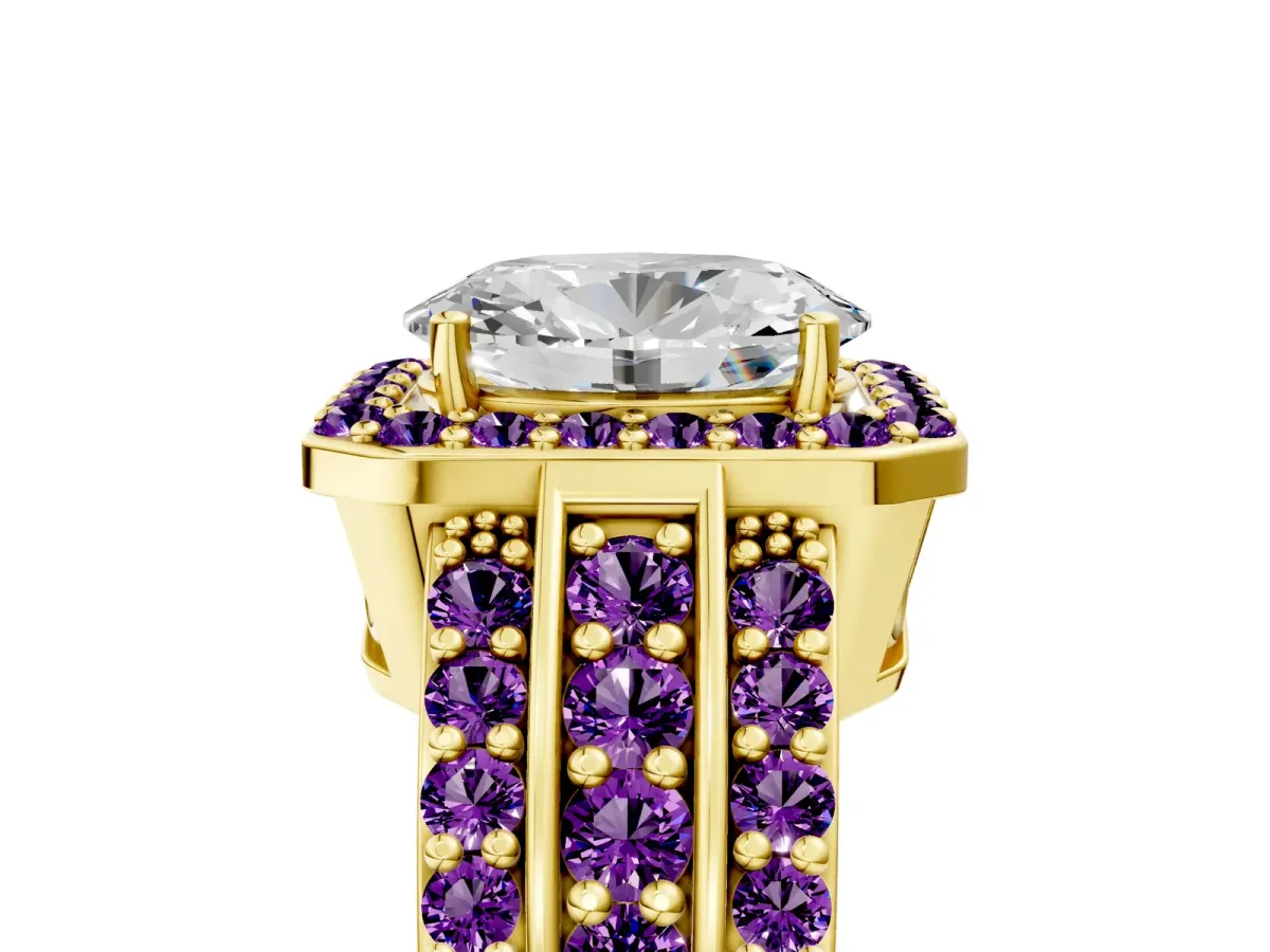 Oval Cut Halo Diamond Ring with Round Amethyst Split Shank and Prong Setting Yellow gold