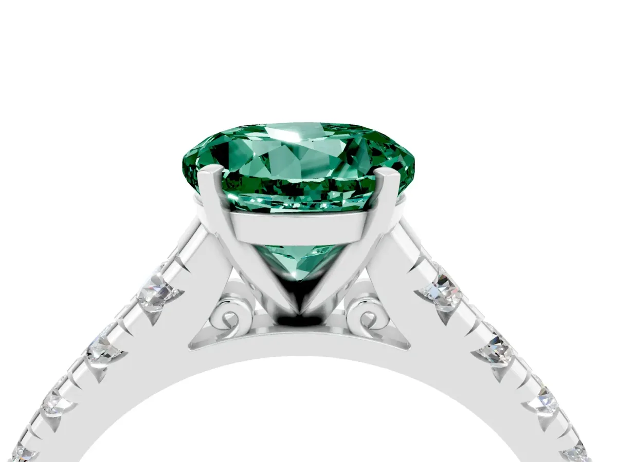 Round Cut Green Sapphire Cathedral Solitaire Ring with Round Pavé Band Silver