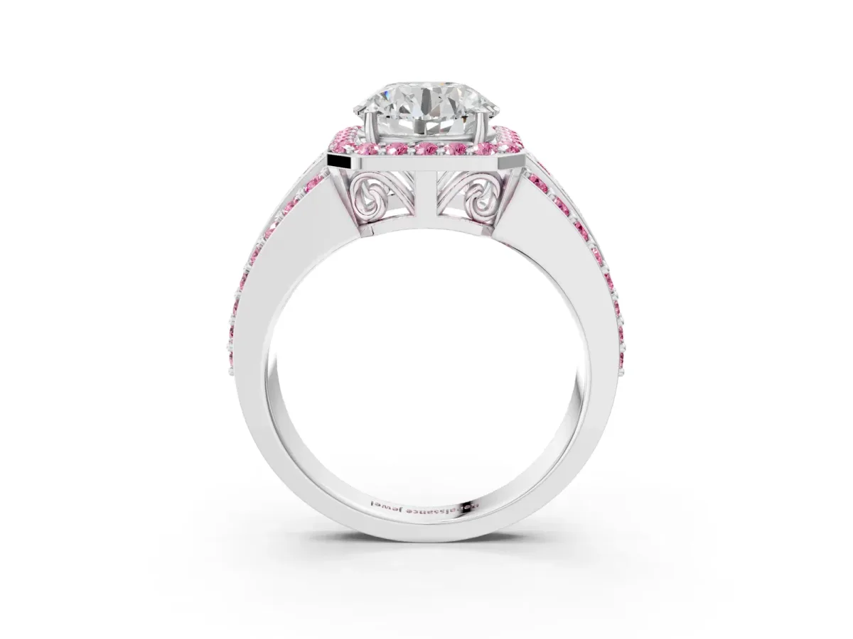 Round Cut Halo Diamond Ring with Round Pink Sapphire Split Shank and Prong Setting Silver