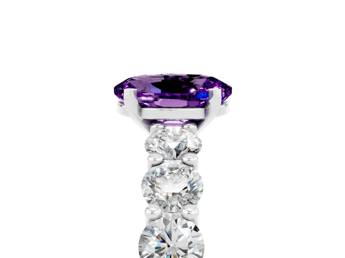 Oval Cut Amethyst Prong Setting with Side Stones on a Pave Band Silver