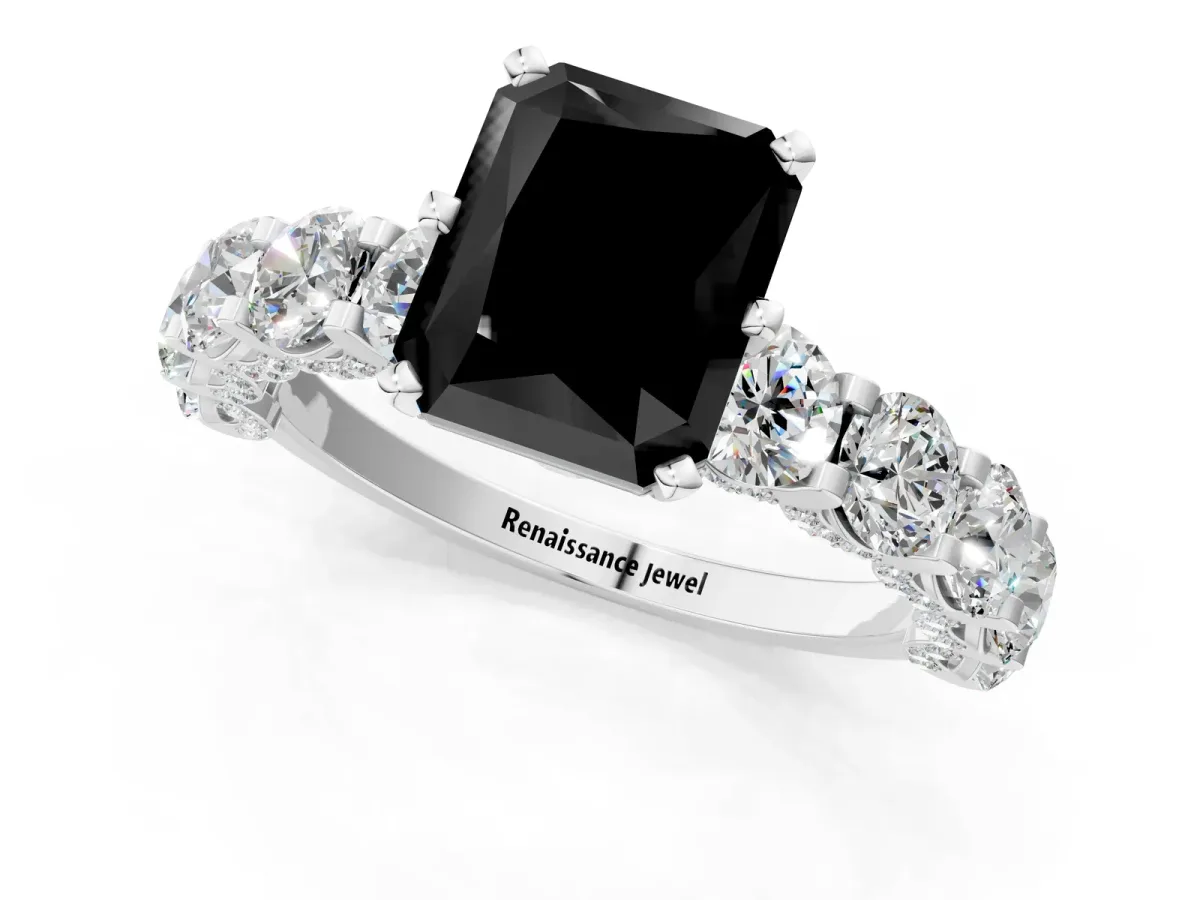 Fancy Black Radiant Cut Diamond Side Stone Engagement Ring with Four-Prong Setting White gold