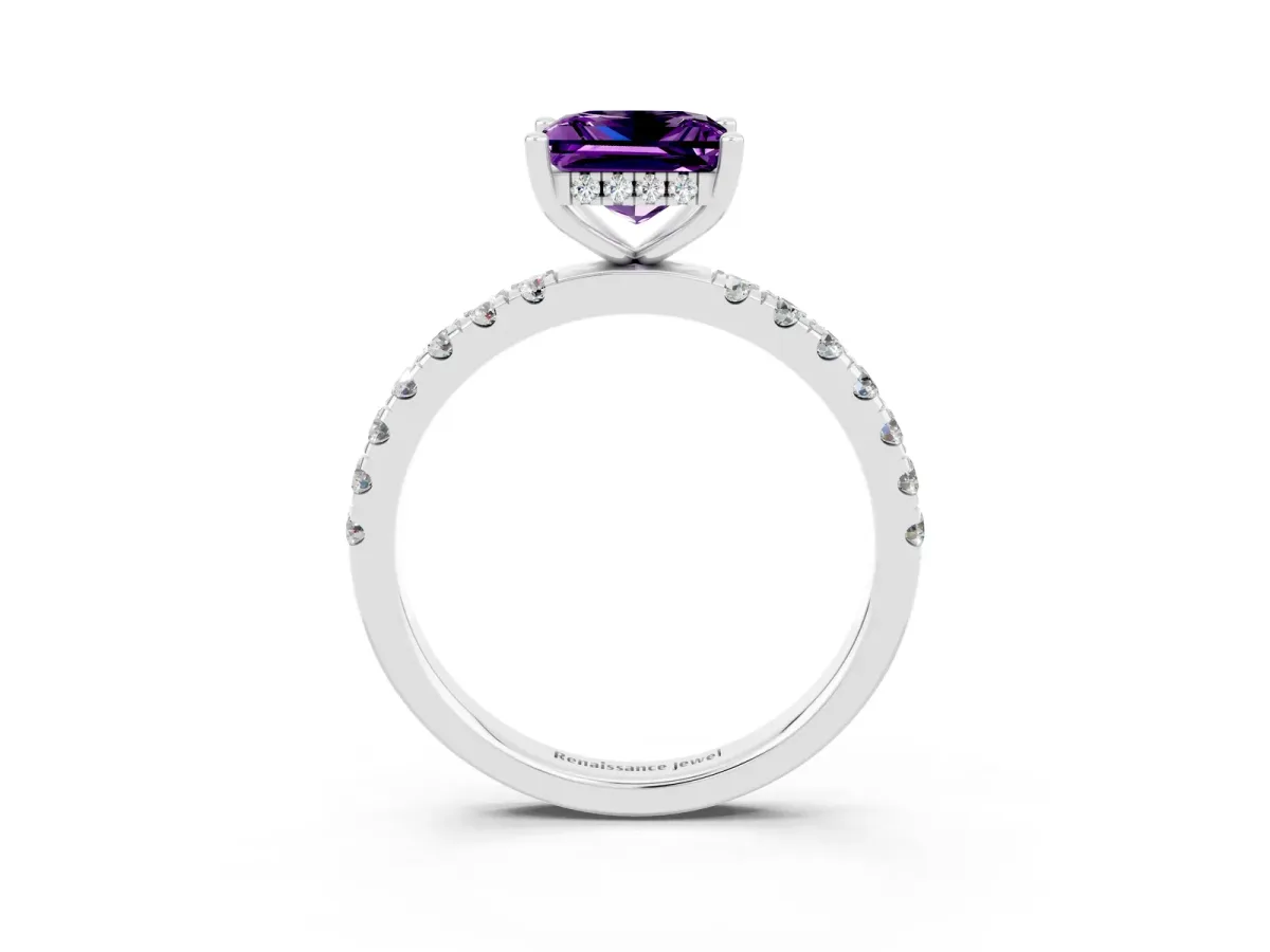 Princess Cut Amethyst Pave Band Solitaire Ring with Round and Prong Setting Platinum