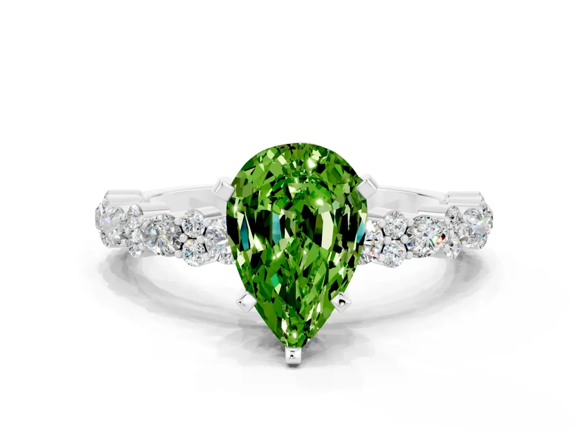 Pear Cut Peridot Side Stone Solitaire Ring with Round and Four-Prong Setting White gold