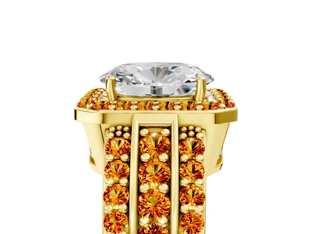 Oval Cut Halo Diamond Ring with Round Citrine Split Shank and Prong Setting Yellow gold