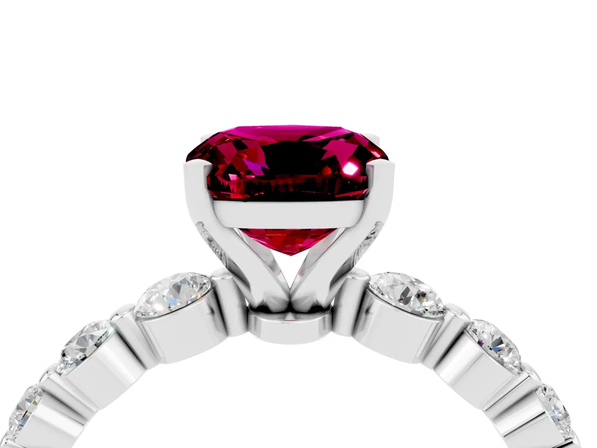 Cushion Cut Solitaire Garnet Ring with Pave Band and Four-Prong Setting Platinum