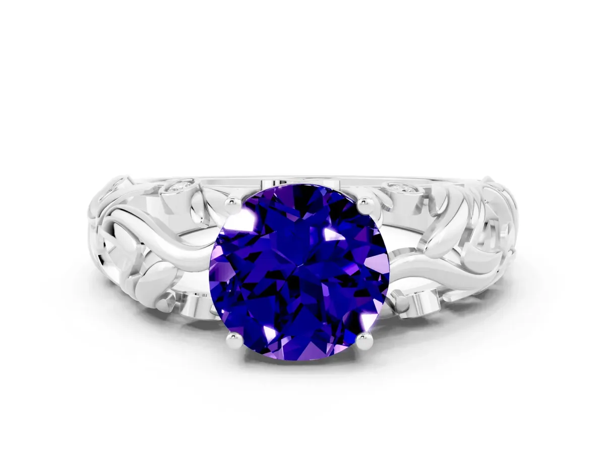 Round Cut Solitaire Tanzanite Leaf-Inspired Vine Band Ring with Prong Setting Silver