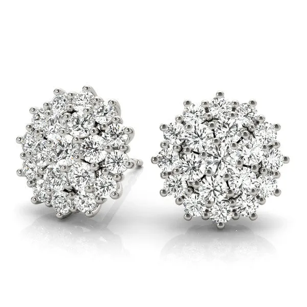 Cluster Diamond Round Stud Earrings with Basket Setting White gold