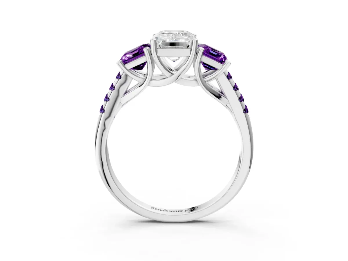 Three-Stone Emerald Cut Diamond Ring with Round Amethyst Pavé Band and Prong Setting Silver