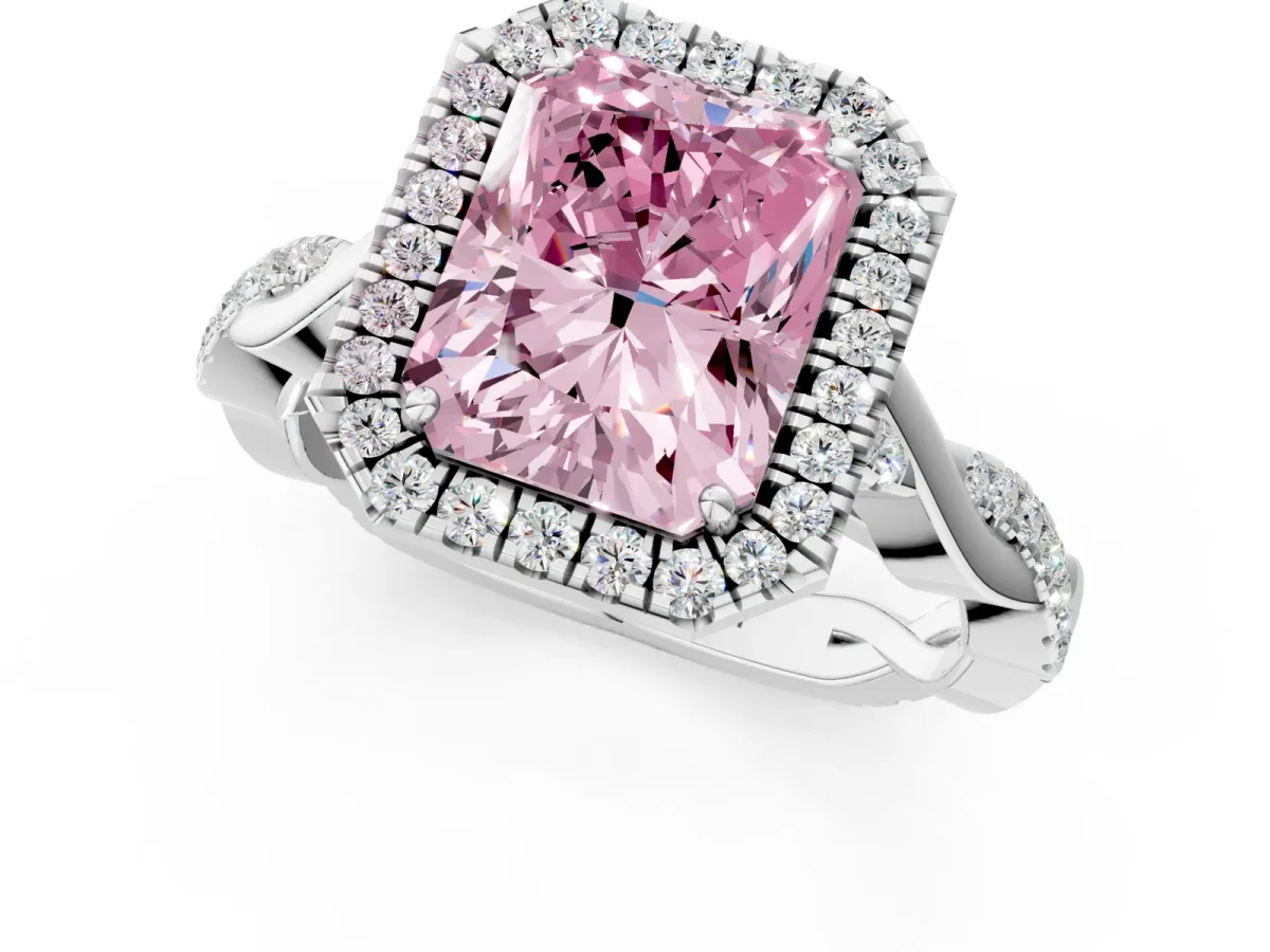 Fancy Pink Radiant Cut Halo Twist Band Solitaire Ring Platinum