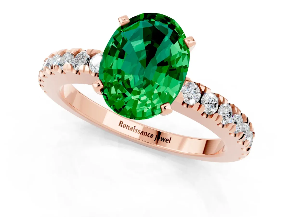 Oval Cut Solitaire Emerald with Pavé Band and Four-Prong Setting Rose gold