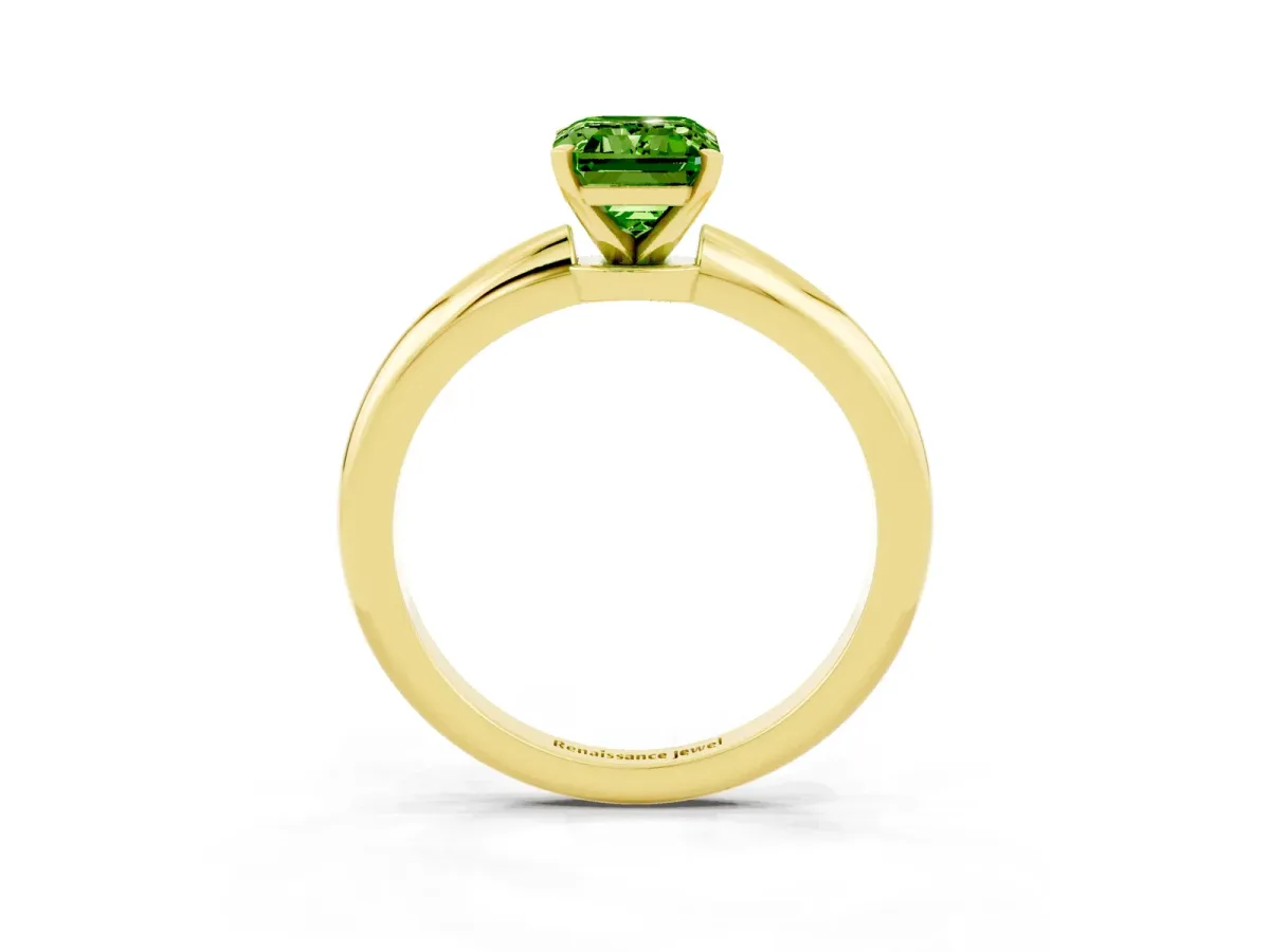 Emerald Cut Peridot Solitaire Ring with Six-Prong Setting and Classic Band Yellow gold