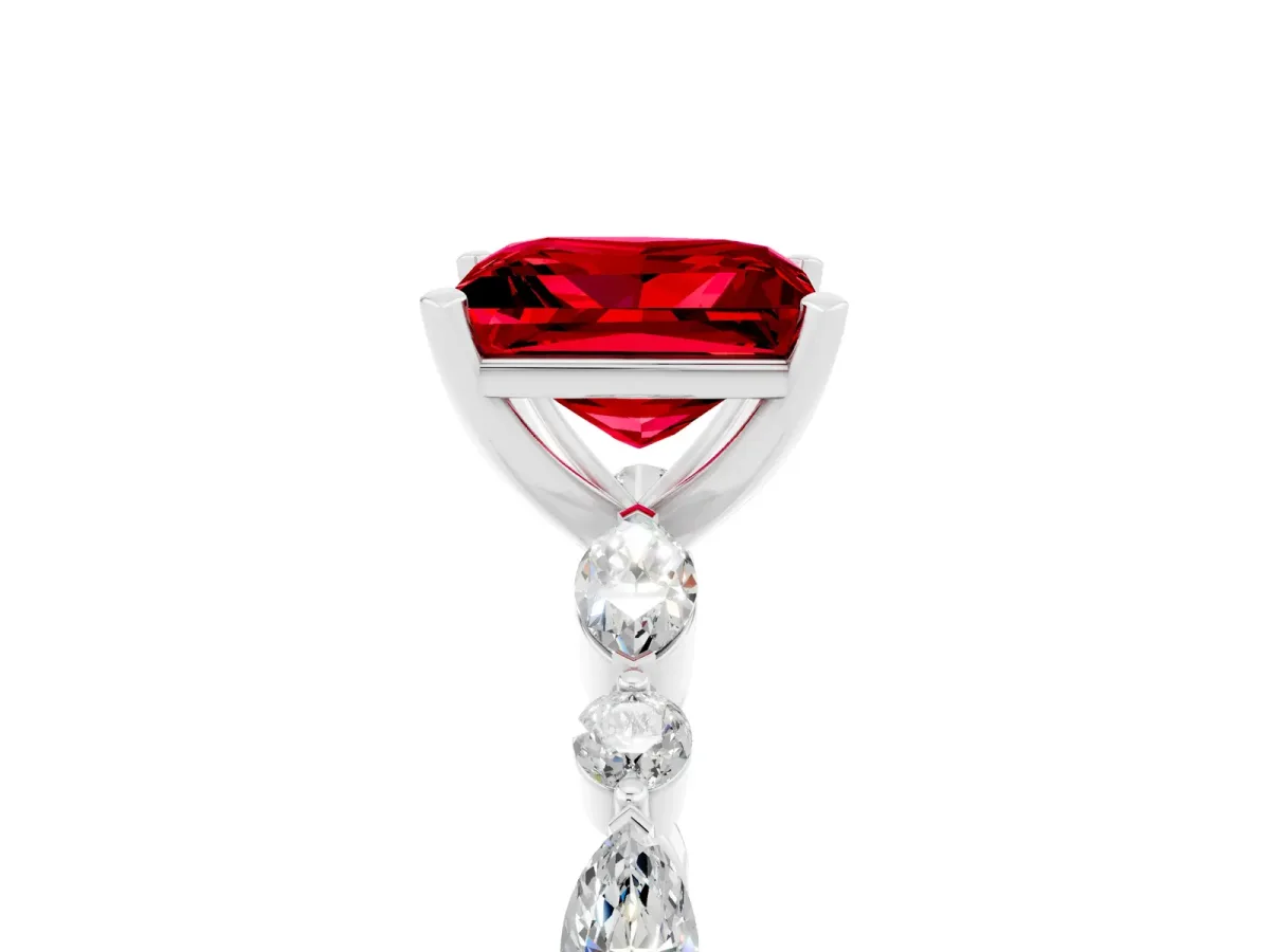 Princess Cut Ruby Ring with Marquise and Round Side Stones and Four-Prong Setting Platinum