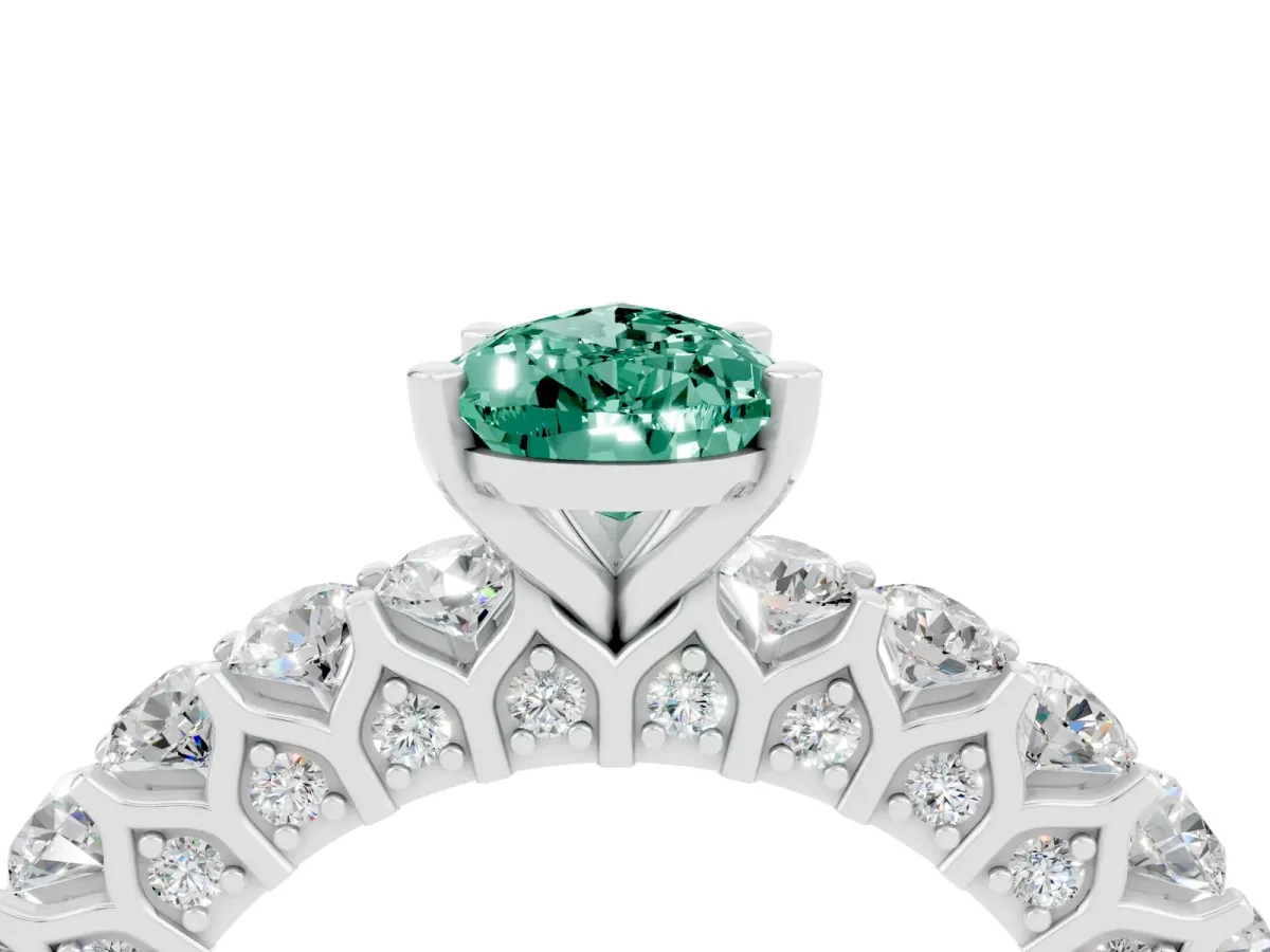 Pear Cut Green Sapphire Solitaire Ring with Shared Prong Pavé Band and Four-Prong Setting Silver