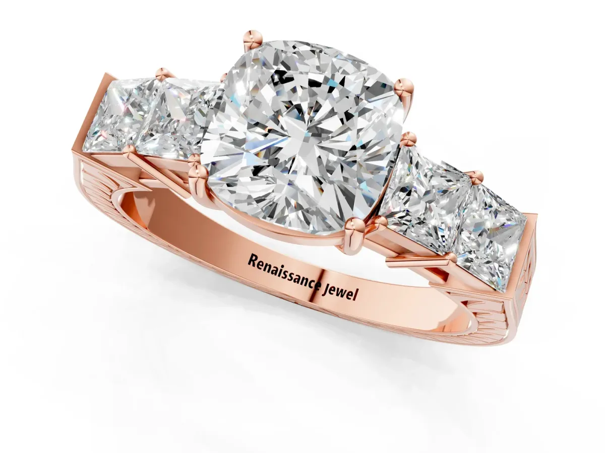 Cushion Cut Solitaire Princess Side Stone Engraved Band Prong Setting Ring Rose gold