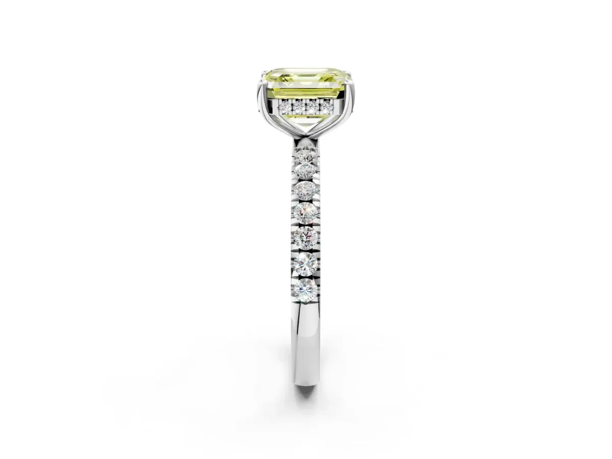Fancy Yellow Asscher Cut Diamond Pave Band Solitaire Ring with Round and Prong Setting Platinum