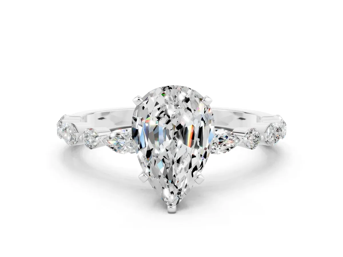 Pear Cut Moissanite Ring with Marquise and Round Side Stones and Four-Prong Setting Silver