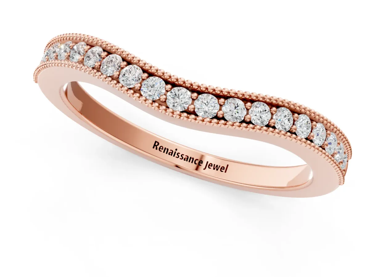 Pavé Round Diamond Curved Band with Milgrain Edge Rose gold