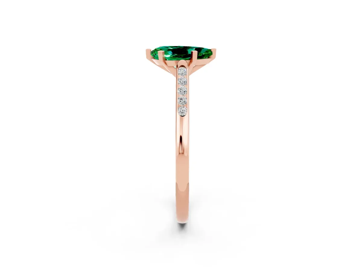Pear Cut Emerald Solitaire Ring with Channel Set Round Band and Prong Setting Rose gold