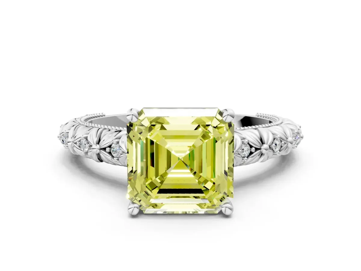 Fancy Yellow Asscher Cut Solitaire Floral Milgrain Engagement Ring Platinum