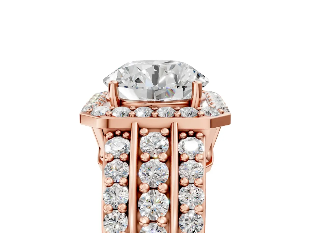 Round Cut Halo Diamond Ring with Round Split Shank and Prong Setting Rose gold