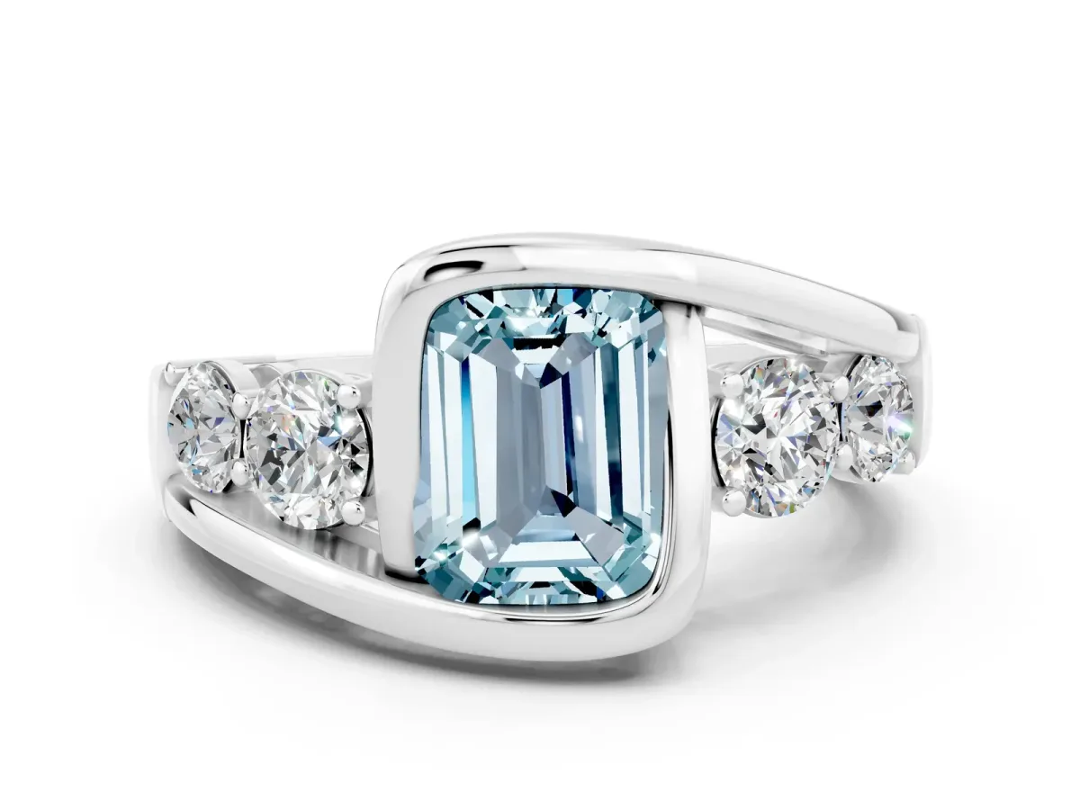 Bezel Set Emerald Cut Aquamarine Bypass Ring with Round Accents Platinum