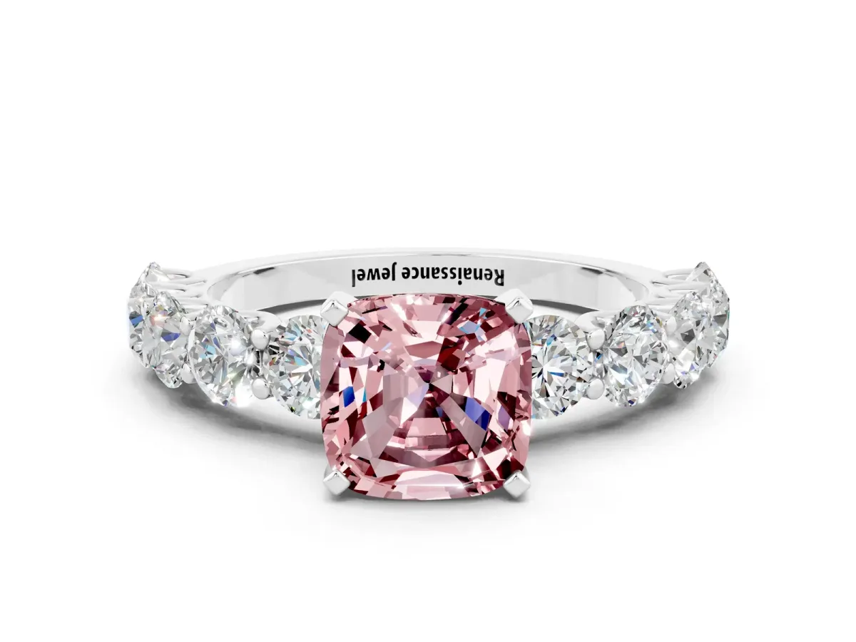 Cushion Cut Morganite Prong Setting with Side Stones on a Pave Band Silver