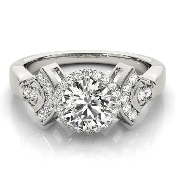 Round Cut Halo Diamond Split Shank Engagement Ring with Four-Prong Setting Silver