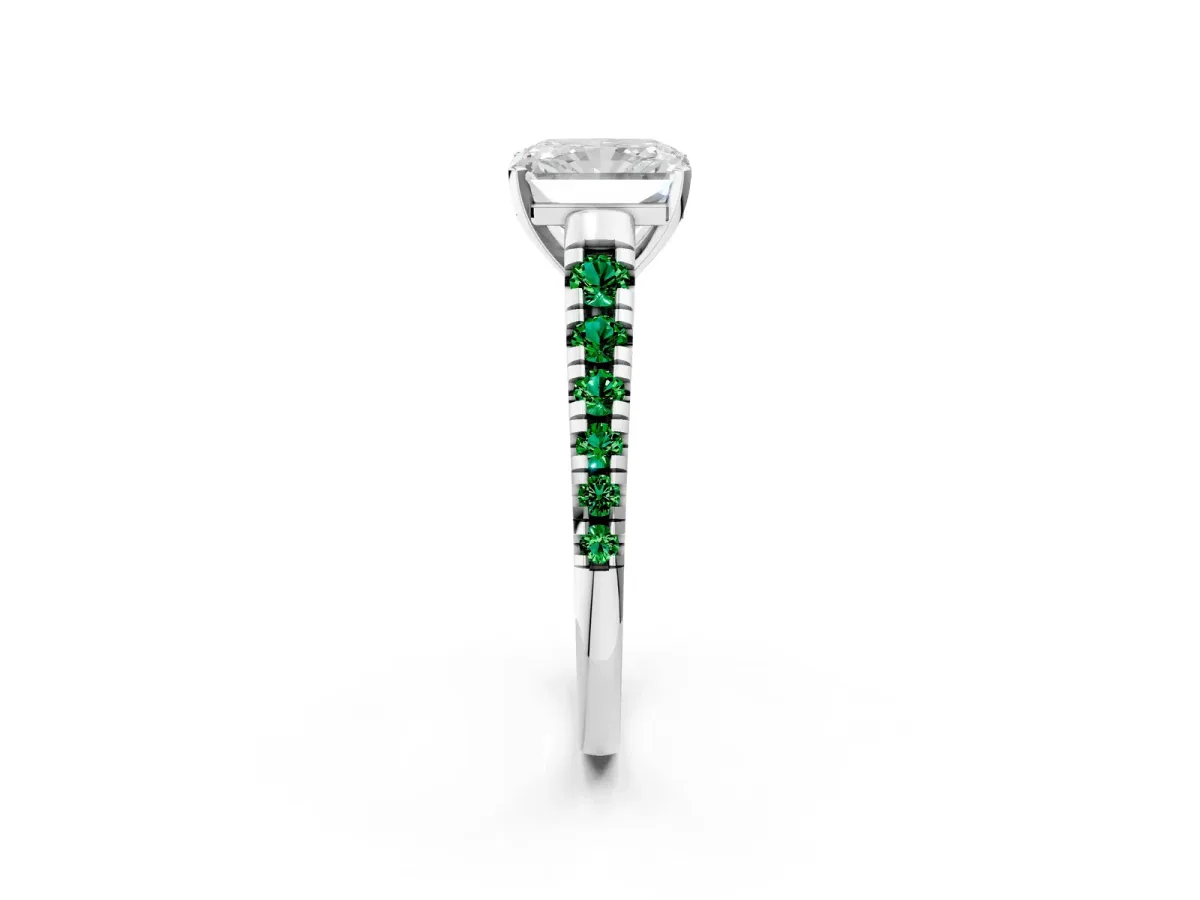 Radiant Cut Diamond Cathedral Solitaire Ring with Round Emerald Pavé Band Silver