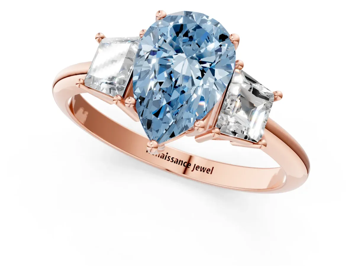 Fancy Blue Pear Cut Diamond Three-Stone Ring with Trapezoid Side Stones and Prong Setting Rose gold