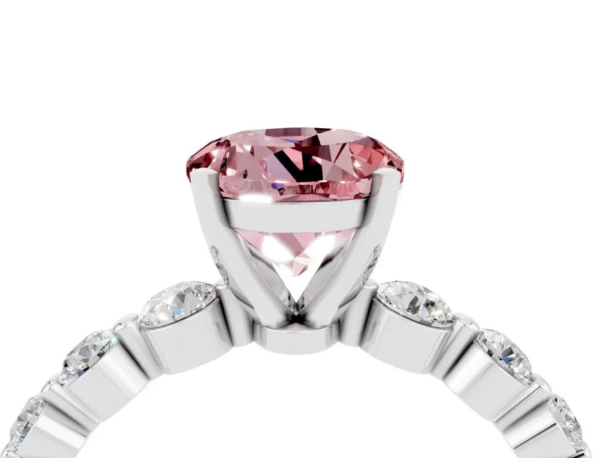 Round Cut Solitaire Morganite Ring with Pave Band and Four-Prong Setting Platinum