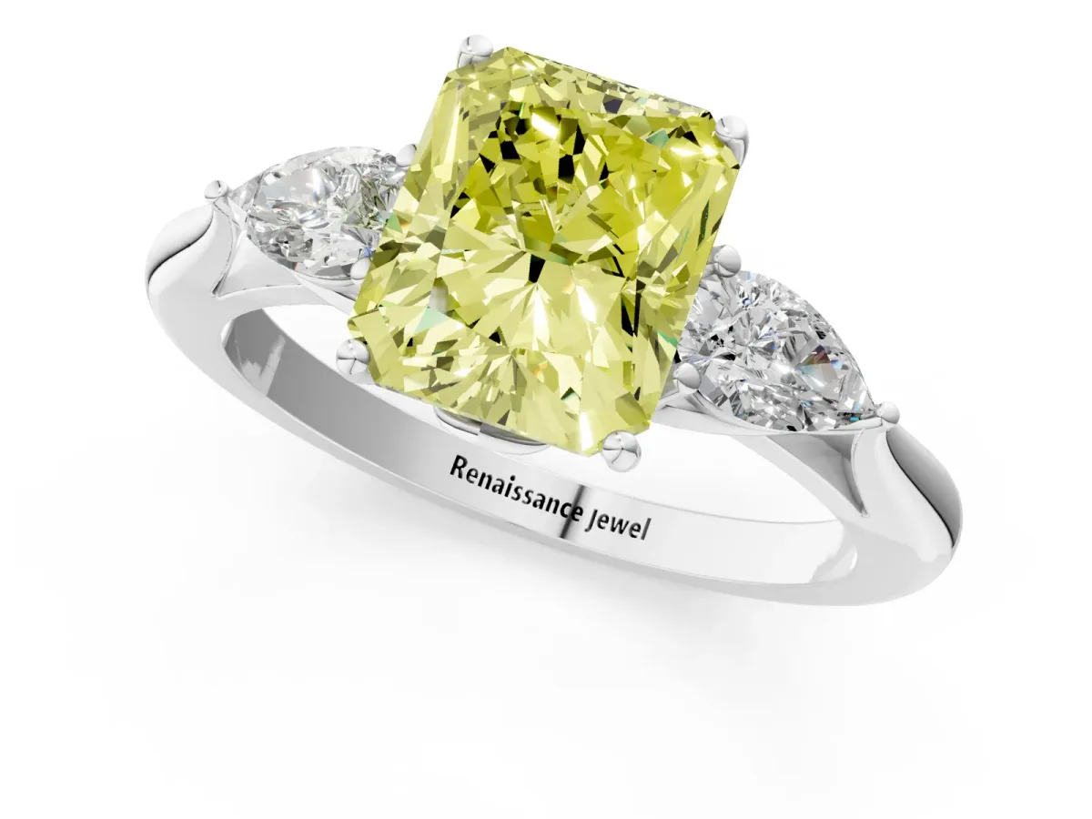 Fancy Yellow Three-Stone Radiant Cut Diamond Ring with Pear Side Stones in Four-Prong Setting Platinum