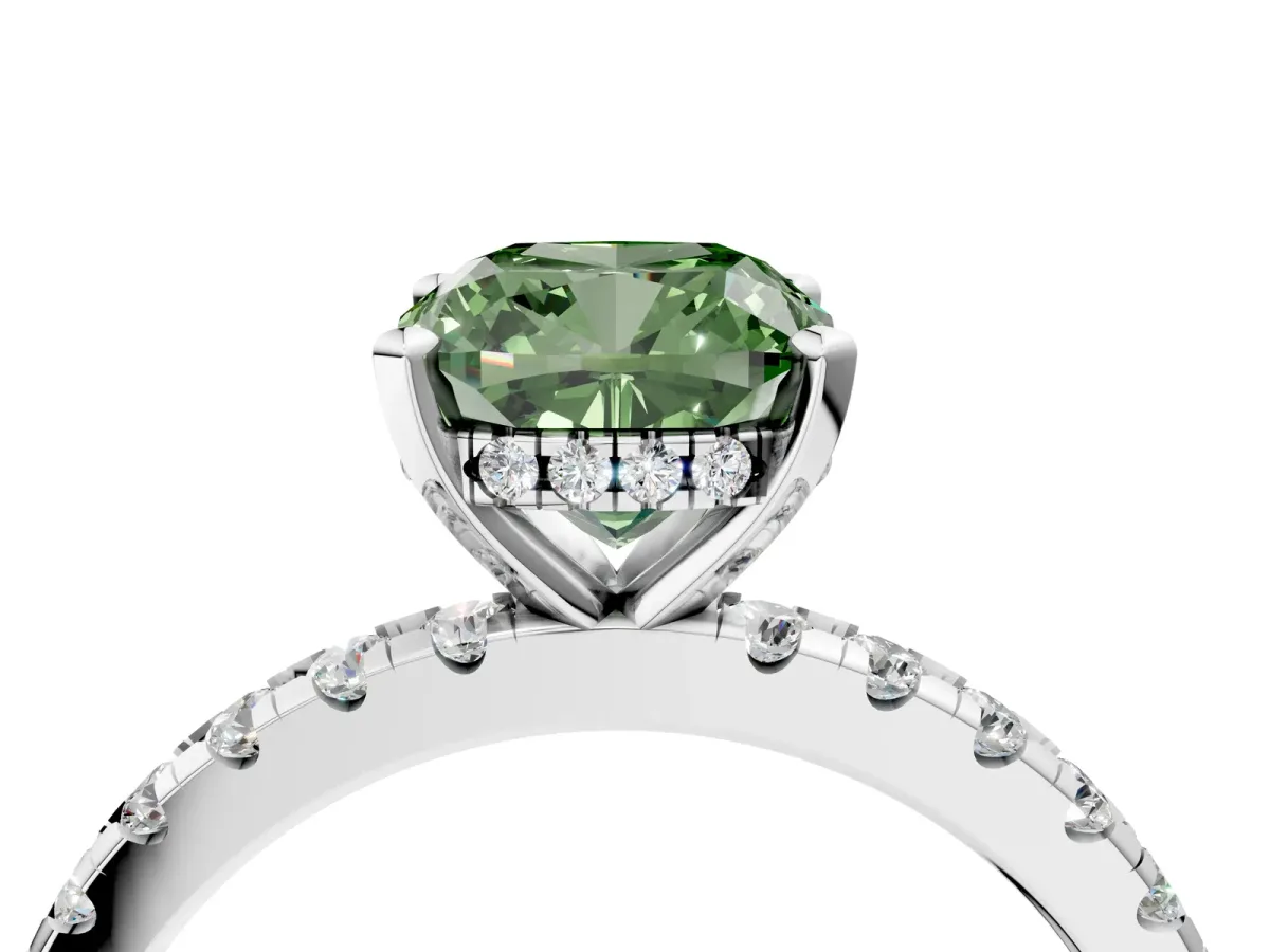 Fancy Green Cushion Cut Diamond Solitaire Ring with Round Pavé Band and Four-Prong Setting Silver