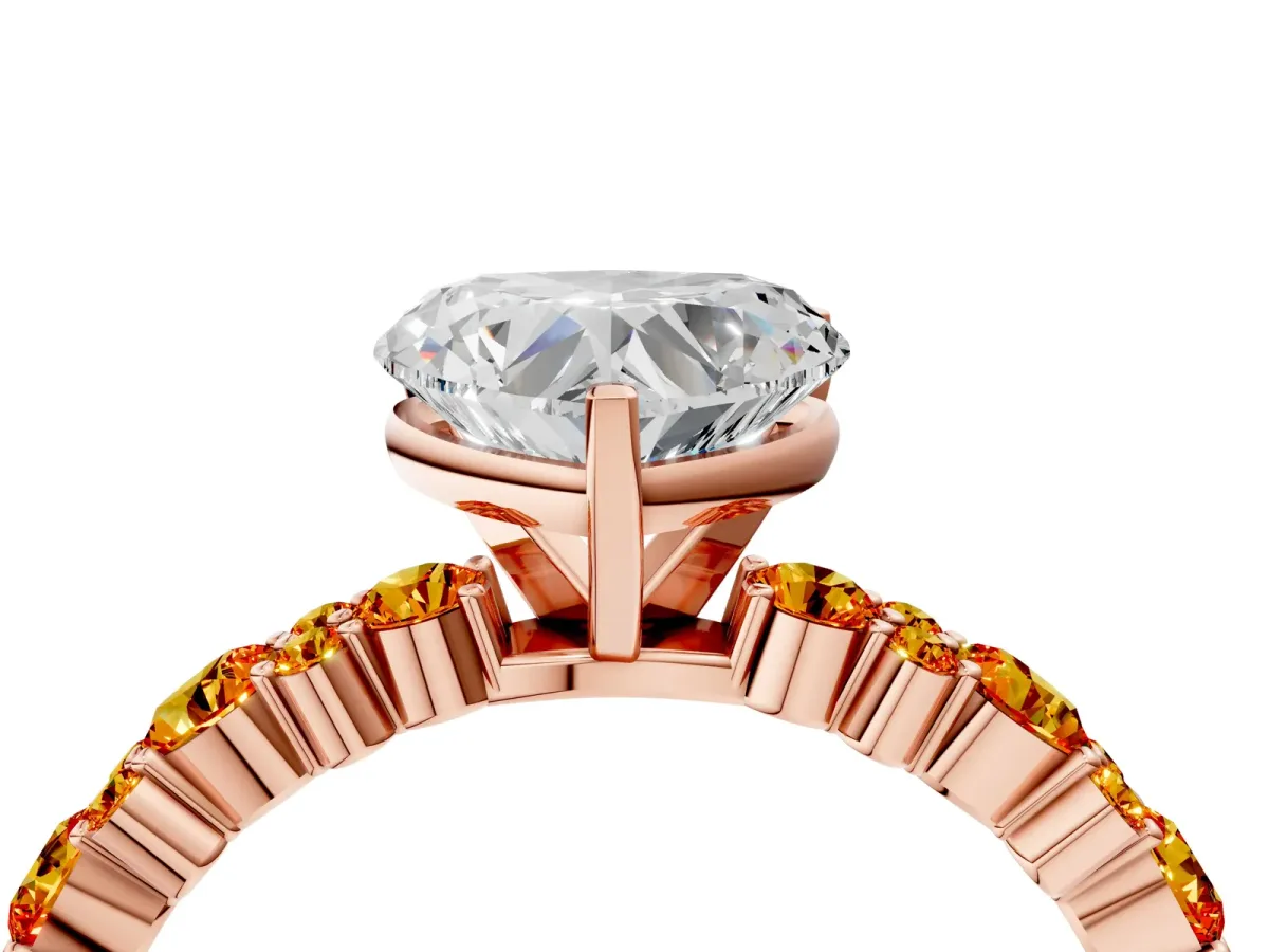 Heart Cut Diamond Side Stone Solitaire Ring with Round Citrine and Four-Prong Setting Rose gold
