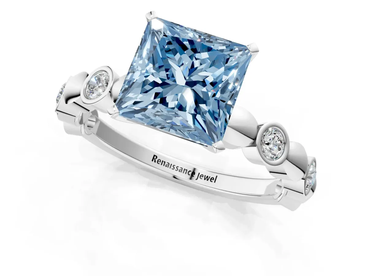Fancy Blue Princess Cut Solitaire Bezel-Set Diamond Ring with Beaded Band and Four-Prong Setting Silver