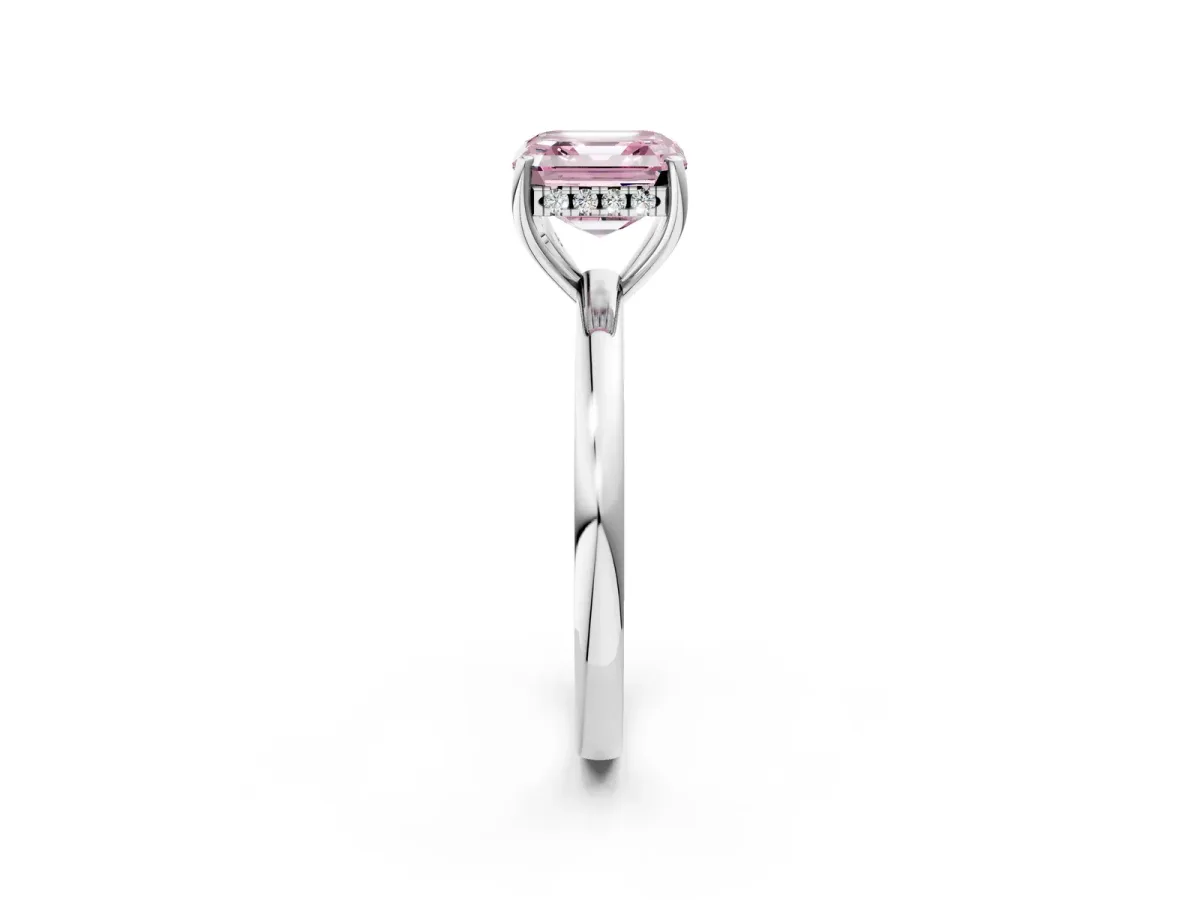 Fancy Pink Asscher Cut Solitaire Diamond Ring with Prong Setting and Plain Band Silver