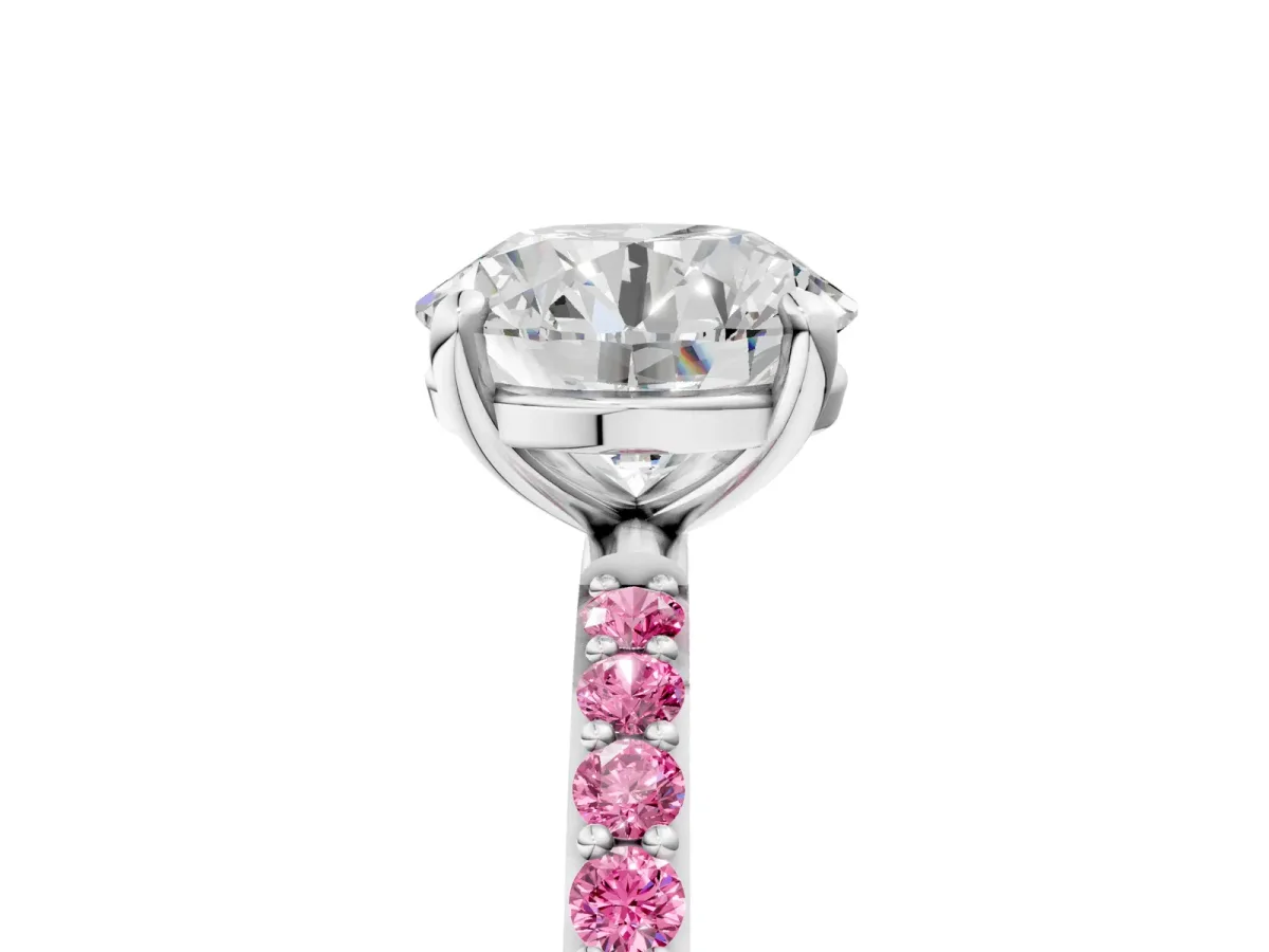 Round Cut Diamond Solitaire Ring with Round Pink Sapphire Pavé Band and Prong Setting Silver