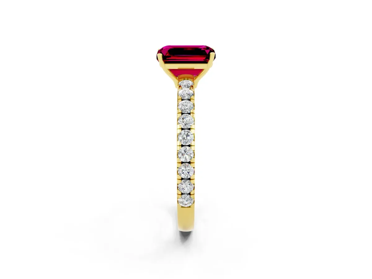 Emerald Cut Garnet Pavé Solitaire Engagement Ring with Four-Prong Setting Yellow gold
