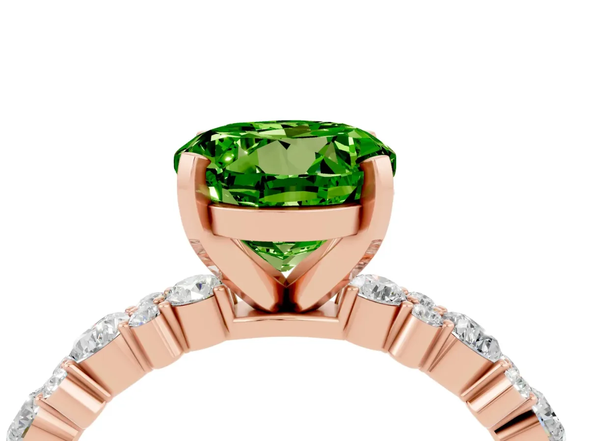 Round Cut Peridot Side Stone Solitaire Ring with Round and Four-Prong Setting Rose gold