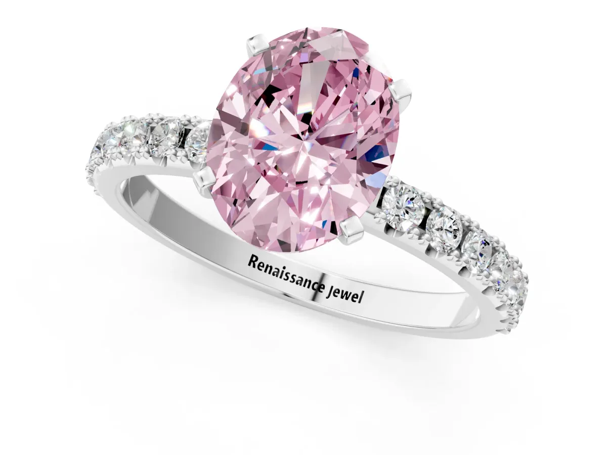 Fancy Pink Oval Cut Diamond Solitaire Pavé Band with Four-Prong Setting Silver