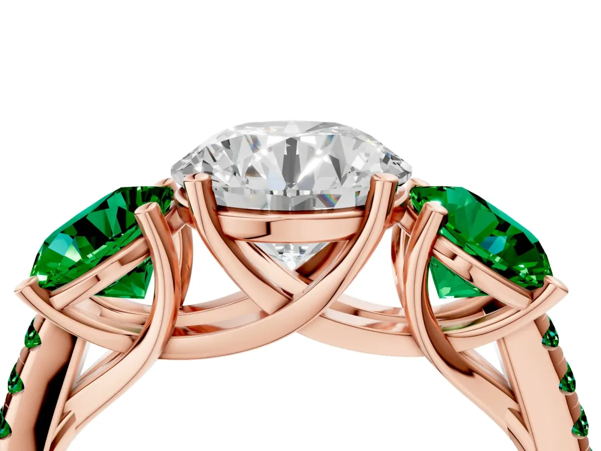Three-Stone Round Cut Diamond Ring with Round Emerald Pavé Band and Prong Setting Rose gold
