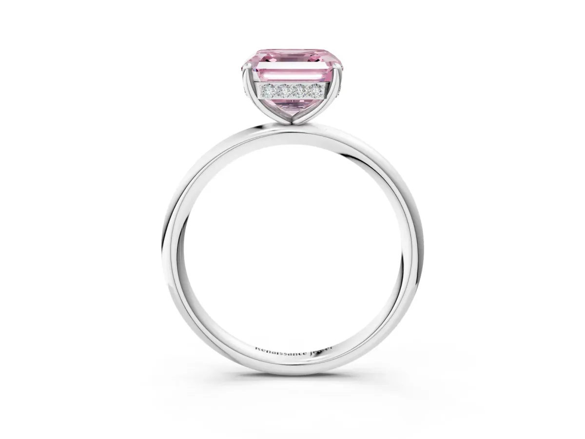 Fancy Pink Asscher Cut Solitaire Diamond Ring with a Classic Band and Four-Prong Setting Platinum