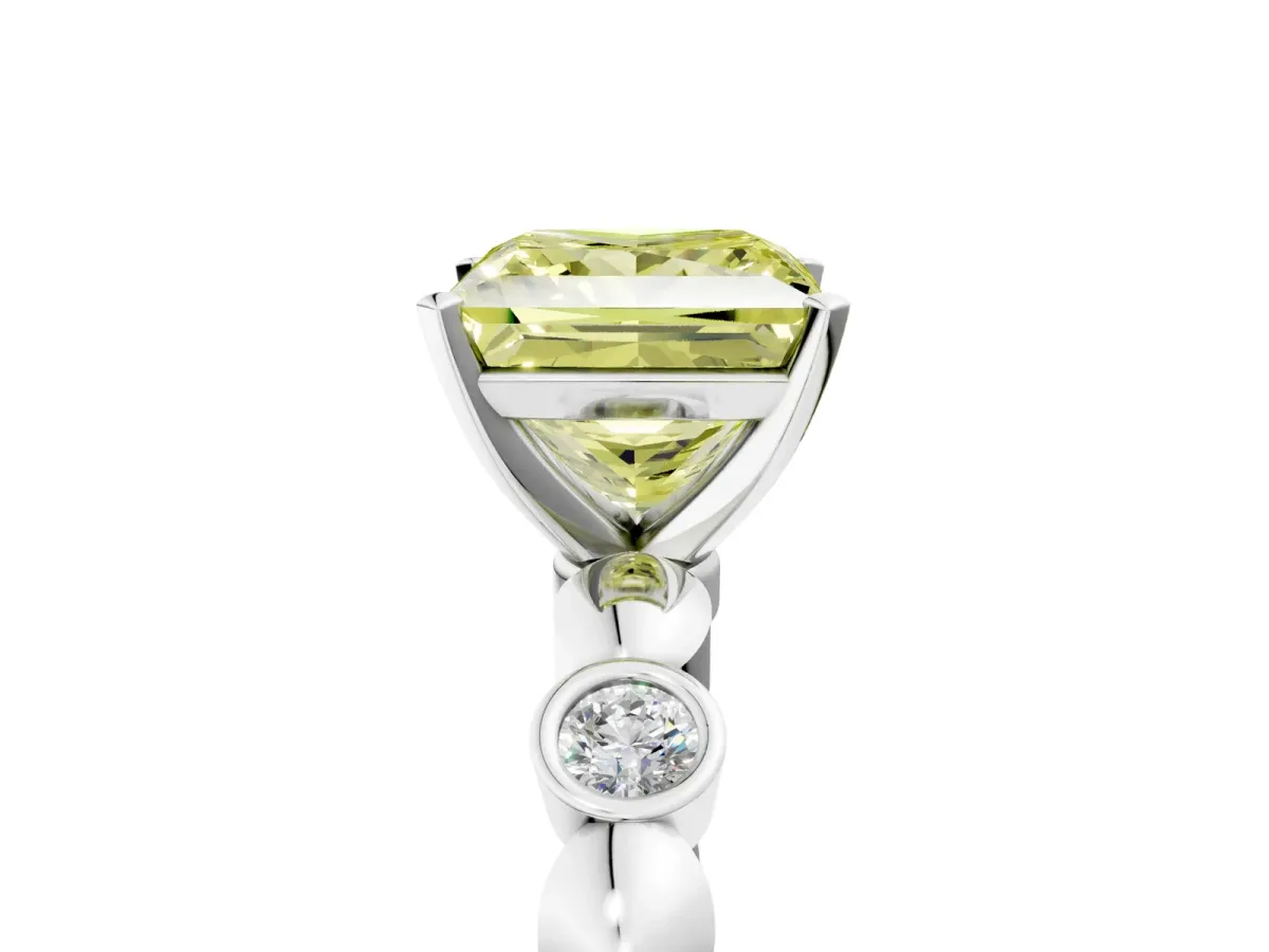Fancy Yellow Princess Cut Solitaire Bezel-Set Diamond Ring with Beaded Band and Four-Prong Setting Silver