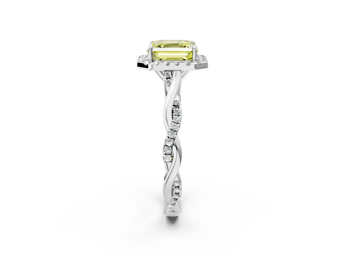 Fancy Yellow Asscher Cut Halo Twist Band Solitaire Ring Platinum