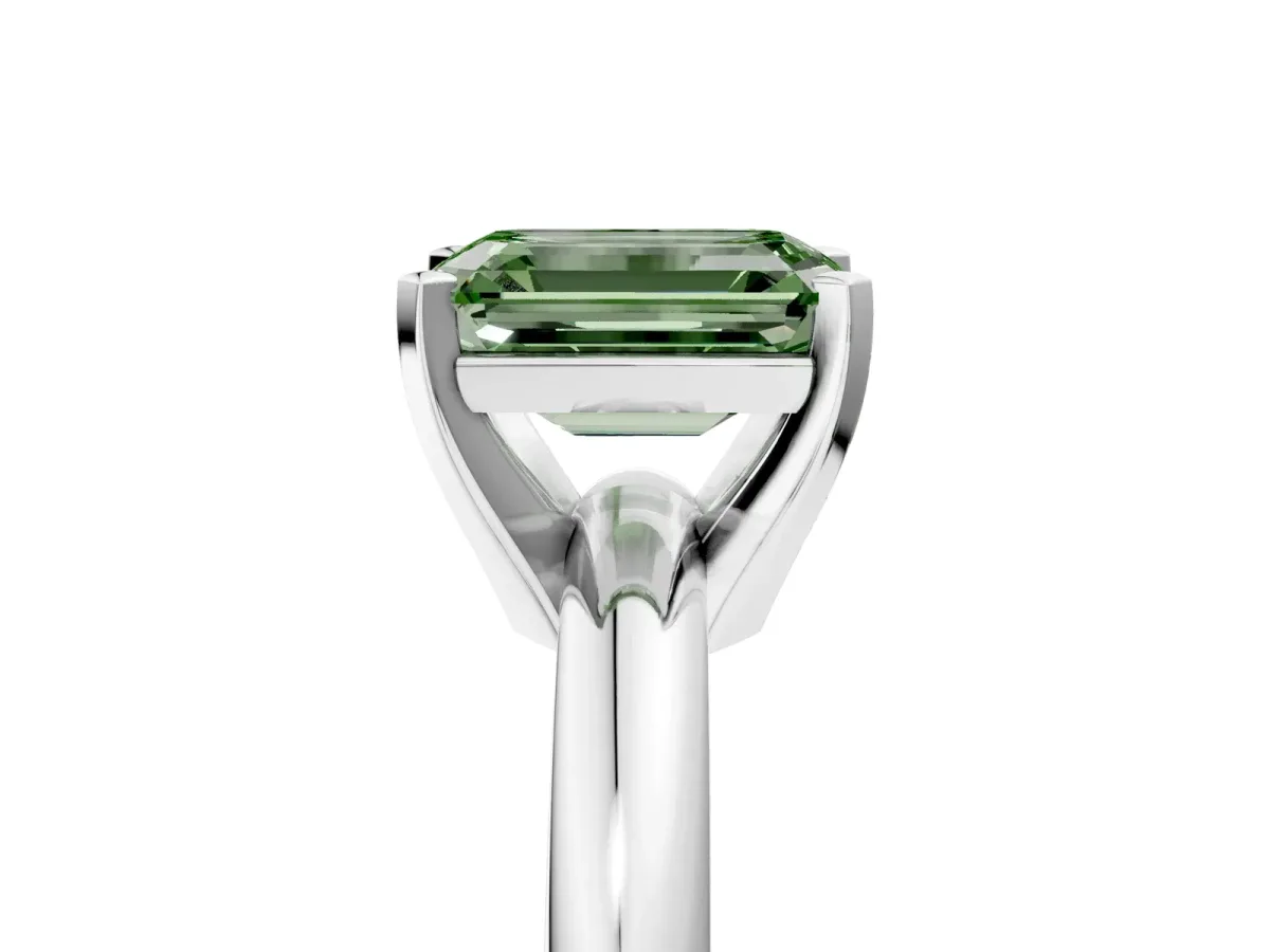Fancy Green Emerald Cut Diamond Solitaire Engagement Ring with Round Band and Four-Prong Setting Silver