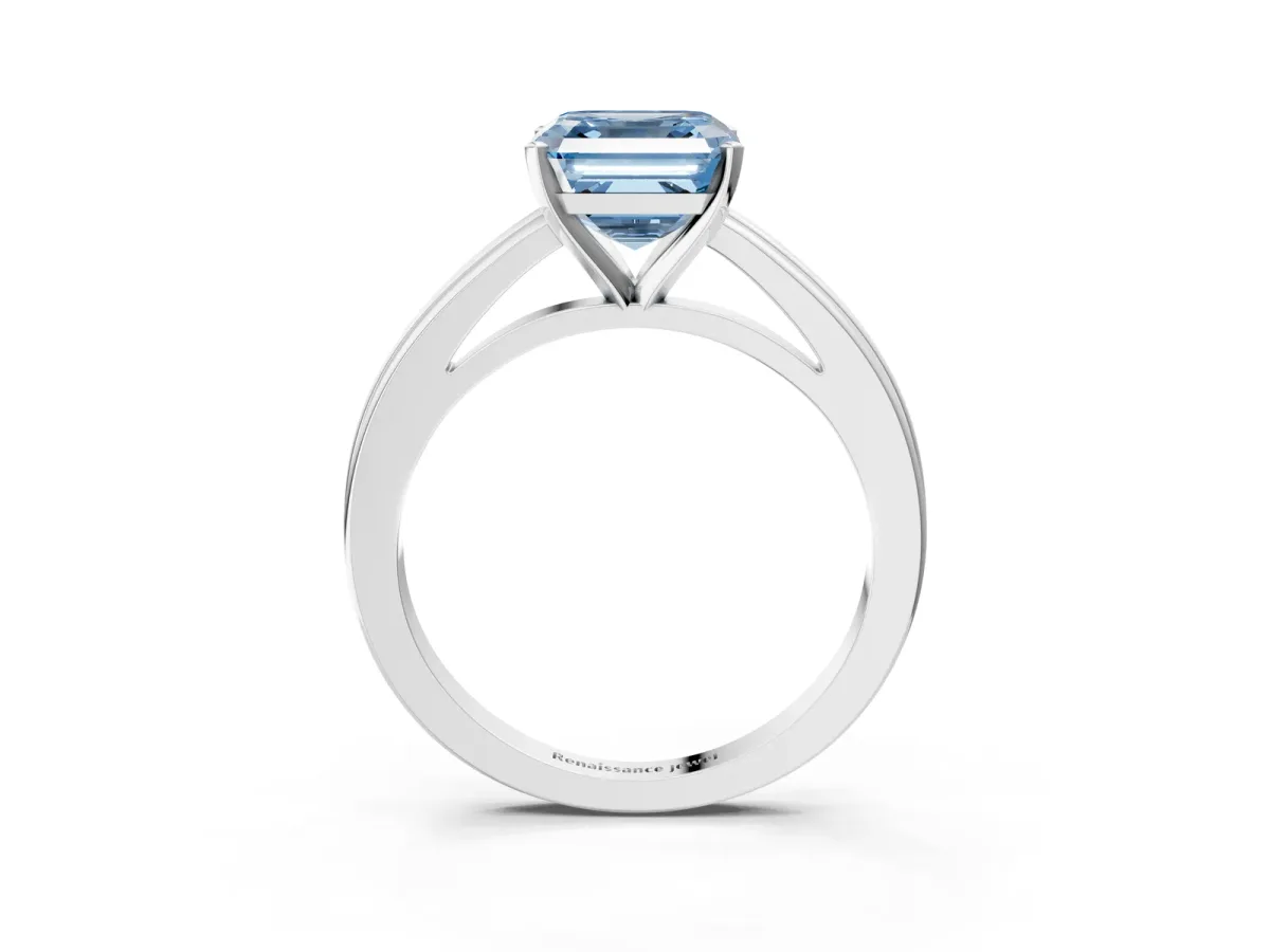 Fancy Blue Asscher Cut Solitaire Diamond Ring with Four-Prong Setting and Classic Band Platinum