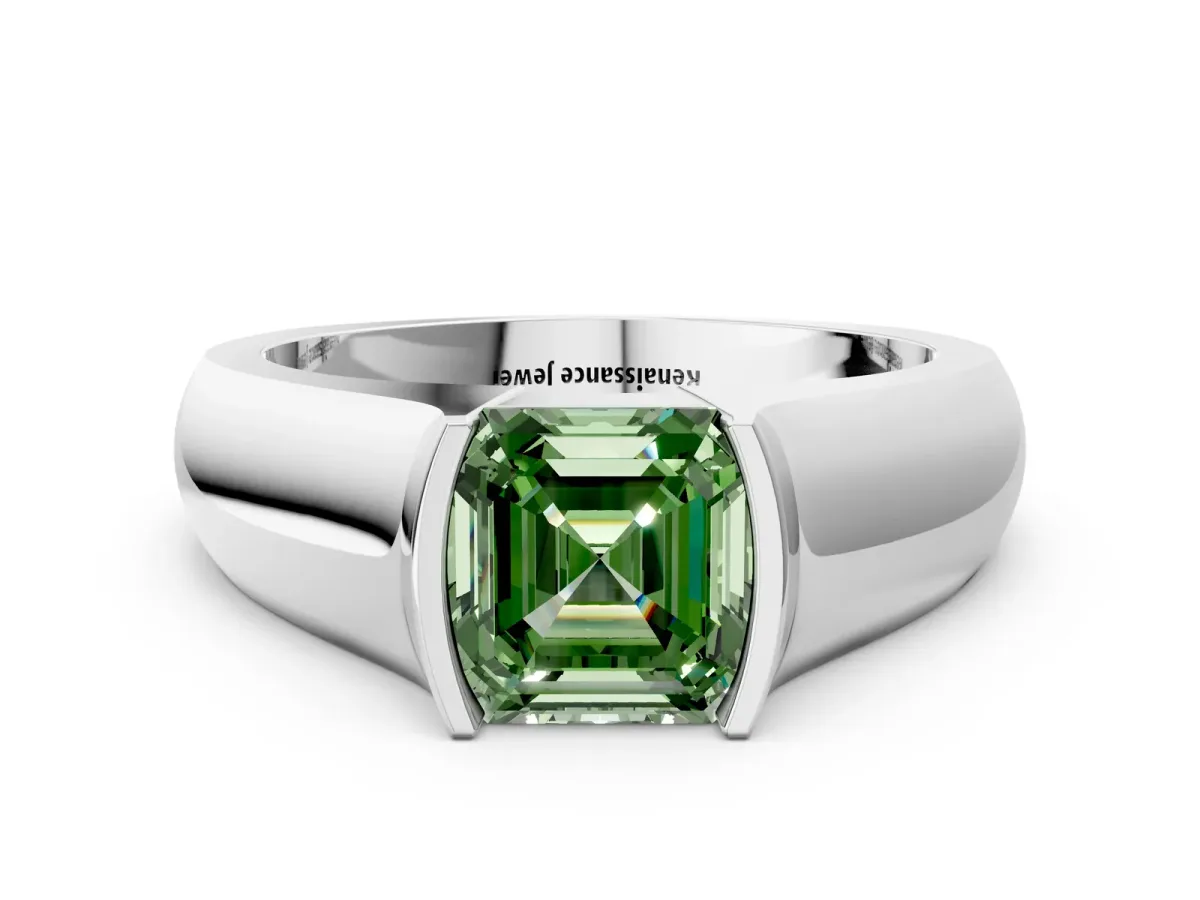 Fancy Green Asscher Cut Solitaire Bezel Set Diamond Ring with Wide Band Platinum