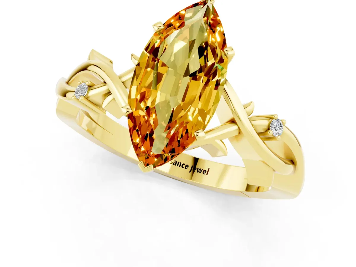 Marquise Cut Citrine Solitaire Ring with Twisted Band and Prong Setting Yellow gold