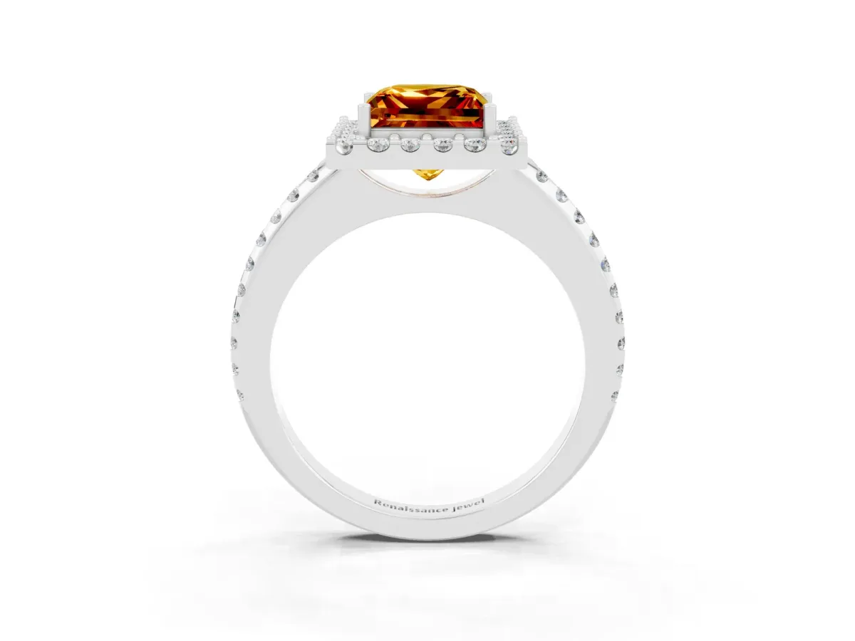 Princess Cut Citrine Pavé Halo Ring with Four-Prong Setting White gold