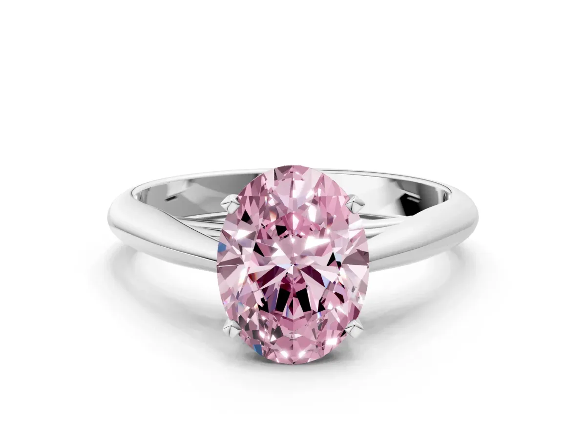 Fancy Pink Oval Cut Diamond Solitaire Engagement Ring with Cathedral Setting and Four-Prong Mount Silver